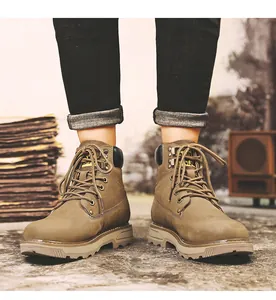 Close-up of brown nubuck leather work boots with metal eyelets and padded collar