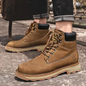 Men's tan leather work boots with high-top design and durable rubber soles for outdoor use