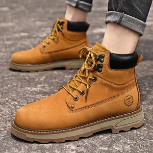 Classic yellow high-top cowhide leather work boots for men with non-slip rubber soles