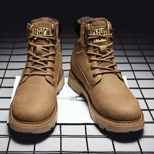 Classic brown leather work boots for men with durable lug soles and stylish fashion labels