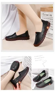 Detail view of women black leather casual loafers with textured upper and durable thick sole