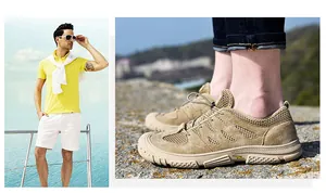 Details von khakifarbenen Outdoor-Wasserschuhen mit atmungsaktivem Mesh und Kordelzug