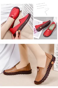 Detail of red and brown casual flat shoes showing handmade stitching and anti-slip soles