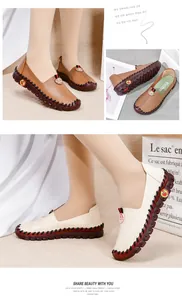Detailed close-up of soft leather slip-on shoes with hand-stitched seams and anti-slip soles