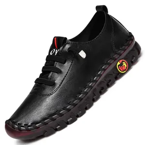 Scarpe casual da donna in pelle nera con suole spesse antiscivolo e design stringato