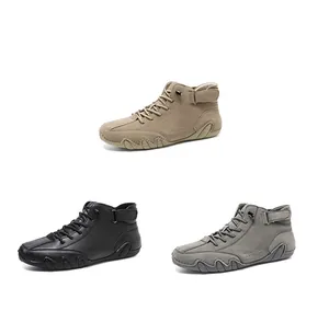 Detailed view of high-top casual men's boots in khaki, black, and grey nubuck colors