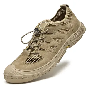 Chaussures de randonnée kaki pour hommes en mesh respirant avec semelle en caoutchouc antidérapante