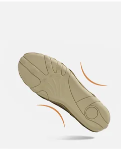 Detail view of khaki non-slip rubber outsole with massage texture for casual boots