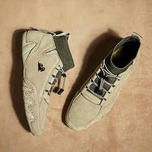 Men's outdoor hiking boots in khaki and olive green with a knitted sock cuff design