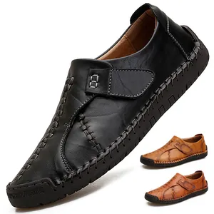 Mocassins Décontractés en Cuir de Vache pour Hommes Cousus Main Slip-On Style Britannique Chaussures Plates Marron Jaune Noir