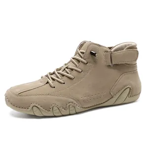 Men's khaki high-top casual boots featuring nubuck leather and anti-slip rubber soles