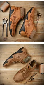 Detail of brown leather work boots with hand-stitched sole and classic craft tools