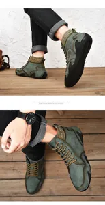 Detail view of olive green work boots featuring a knit sock collar and rugged rubber sole