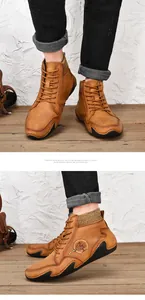 Detail of brown vintage leather boots with lace-up closure and knitted ribbed collar