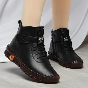 Women's warm high-top leather casual boots with non-slip thick rubber soles in black