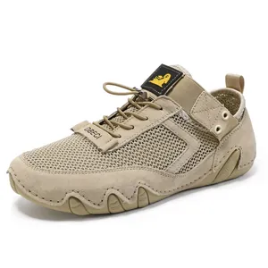 Sneaker casual da uomo in pelle e mesh kaki con suola in gomma antiscivolo