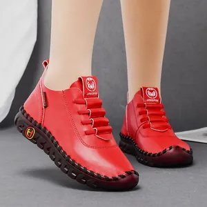 Women's red soft leather casual flats with hand-stitched beef tendon non-slip sole
