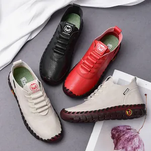 Handmade leather loafers for women with soft rubber soles in black, red and beige