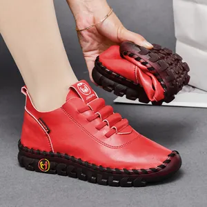 Flexible red leather casual flats with soft slip-resistant rubber soles for women