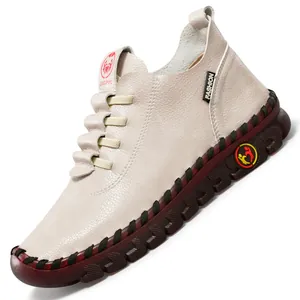 Women's cream leather casual loafers with non-slip thick rubber soles and hand-stitched detail