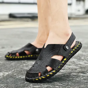 Sandalias Casuales de Microfibra con Punta Cerrada para Hombre Transpirables Caladas Cosidas a Mano Zapatos de Playa Exterior