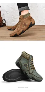 Detailed view of high-top outdoor boots with stitched rubber soles and knit collar texture