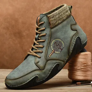 Men's Retro Martin Boots Microfiber PU Leather Knitted Patchwork High Top Casual Work Boots Non Slip Winter Warm Shoes
