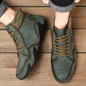 Men's dark green retro work boots with knitted collar and durable rubber sole