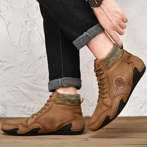 Brown vintage high-top men's lace-up boots with warm knit collar and durable rubber sole