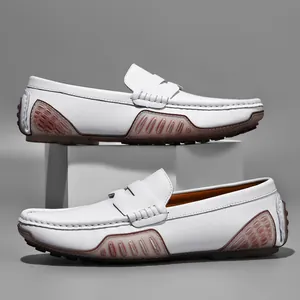 Men Cowhide Leather Loafers Driving Shoes Slip On Breathable British Casual Flat Moccasins For Office Daily Walking Shoes