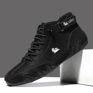 Schwarze Herren High-Top Leder-Sneaker mit Wellen-Gummisohle und Klettverschluss am Knöchel