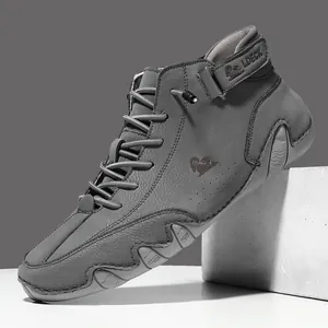 Herren High-Top Outdoor Freizeitschuhe in Grau aus strukturiertem Leder mit Klettverschluss