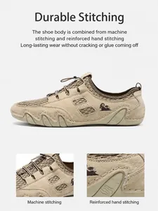 Détails de mocassins kaki pour hommes avec mesh respirant et coutures à la main