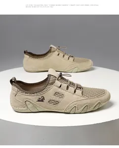 Détail de baskets décontractées kaki pour hommes avec maille cuir et lacets à serrage