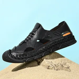Men's black leather outdoor beach sandals with woven texture and orange lining