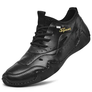 Atmungsaktive Herren Freizeitschuhe aus schwarzem Leder mit weicher Sohle und Retro Design