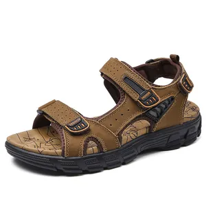 Men's First Layer Cowhide Outdoor Sandals Thick Sole Open Toe Beach Shoes Adjustable Velcro Breathable Casual Walking Sandals