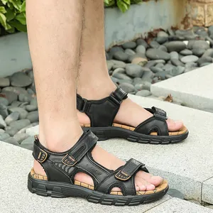 Men's leather outdoor sandals with adjustable straps and thick anti-slip rubber sole
