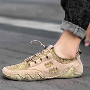 Atmungsaktive Herren-Sneaker aus Mesh und Wildleder in Khaki mit elastischem Kordelzugsystem