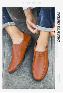Close-up of brown leather loafers with visible hand-stitched detailing and rubber sole