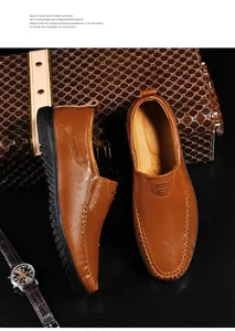 Macro detail of brown leather loafers with handcrafted stitching and flexible soft soles
