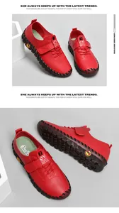 Détail de chaussures décontractées en cuir rouge avec velcro et coutures à la main
