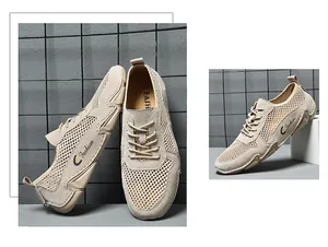 Detailansicht des beigen Mesh-Obermaterials und des modischen Logos an der Schuhseite