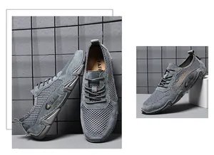 Detailansicht der grauen Herren-Netzschuhe mit atmungsaktivem Stoff und Gummisohle