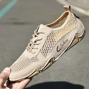 Herren Mesh-Sneaker aus khakifarbenem Leder mit atmungsaktiven Cutouts und Gummisohle