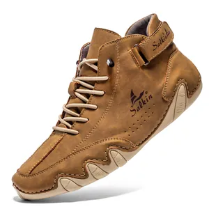 Braune Leder High-Top Freizeitschuhe für Herren mit Wellensohle und Klettverschluss