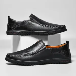 Men's black leather loafers with soft sole and pebble grain texture for driving