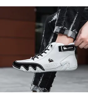 Detail of LDECK white leather high-top sneaker with black suede accents and velcro strap