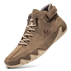 Herren High-Top Wanderstiefel aus Leder mit Klettverschluss und gewellter Gummisohle
