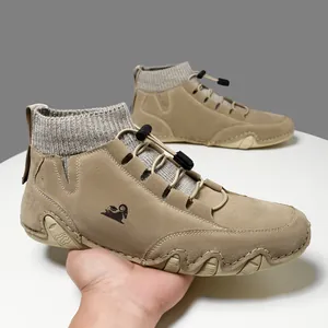 Khaki outdoor sock boots for men featuring suede finish and non-slip rubber soles